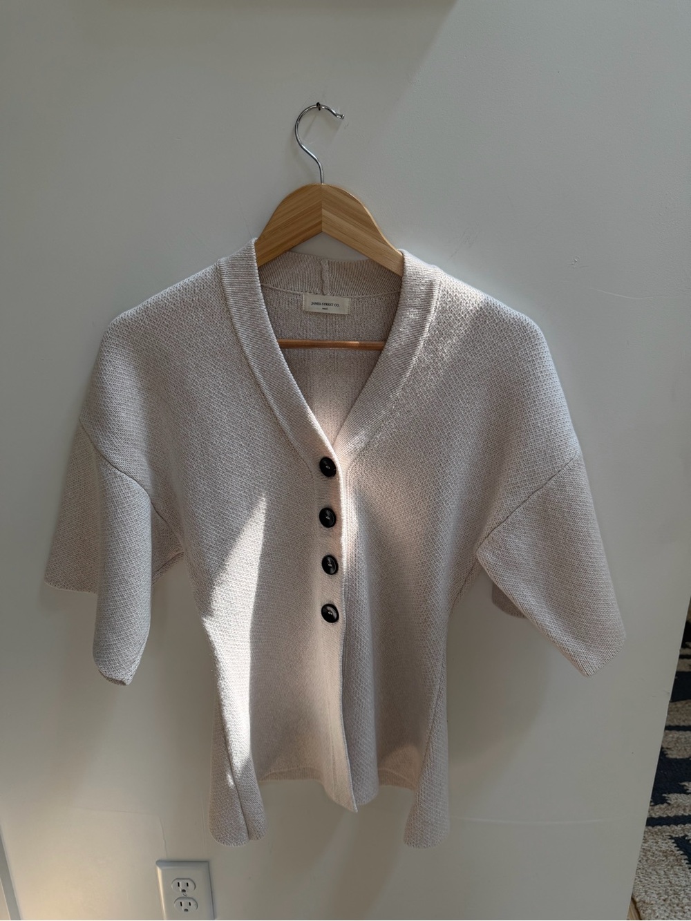 James Street Co. Short Sleeve V-Neck Button Cardigan in Light Beige